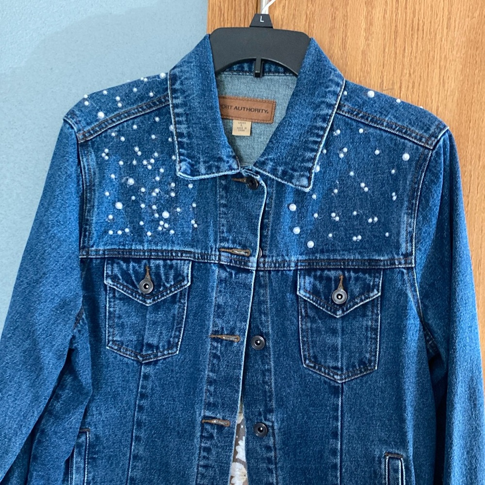 Denim Jacket with White Pearls and sheer back design.
